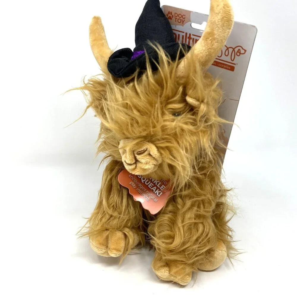 Multipet Highland Cow Witch Hat Dog Interactive Plush Toy Brown Plush Halloween